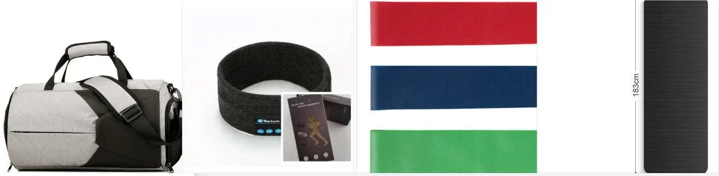 Modern duffel bag, black Bluetooth headband, colorful resistance bands, black exercise mat