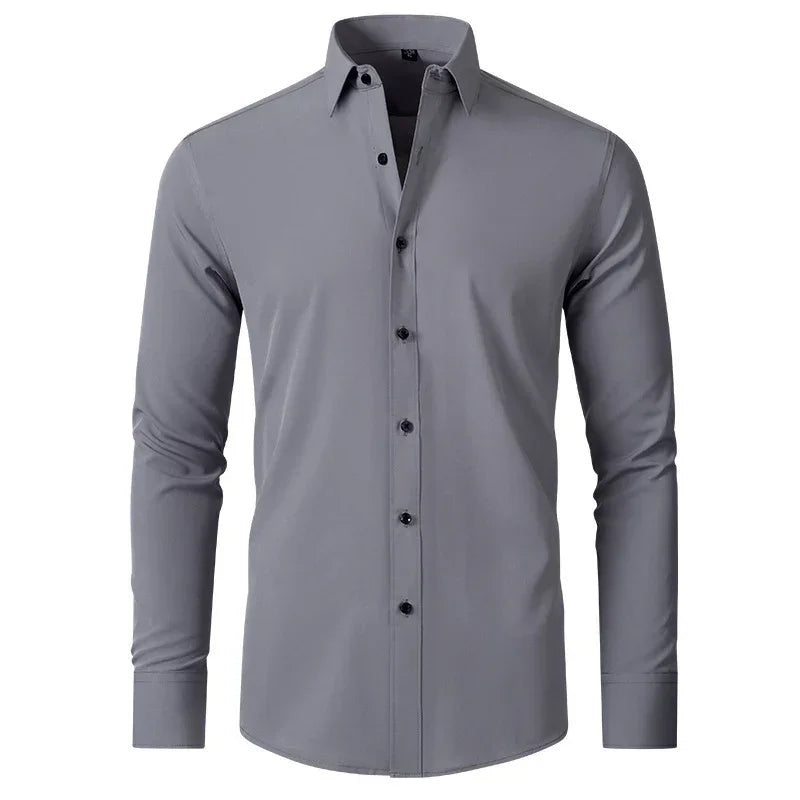 Men's slim fit gray button-up shirt, long sleeves, smooth stretch fabric