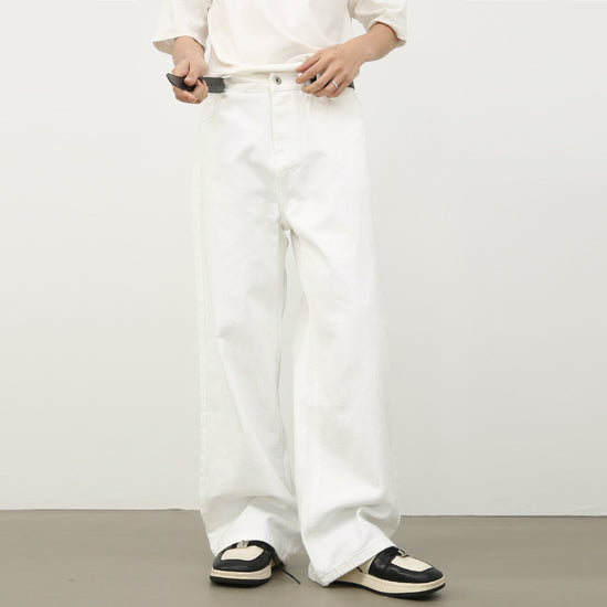 Korean Style Retro Half Elastic Waist Loose Straight Jeans Men&