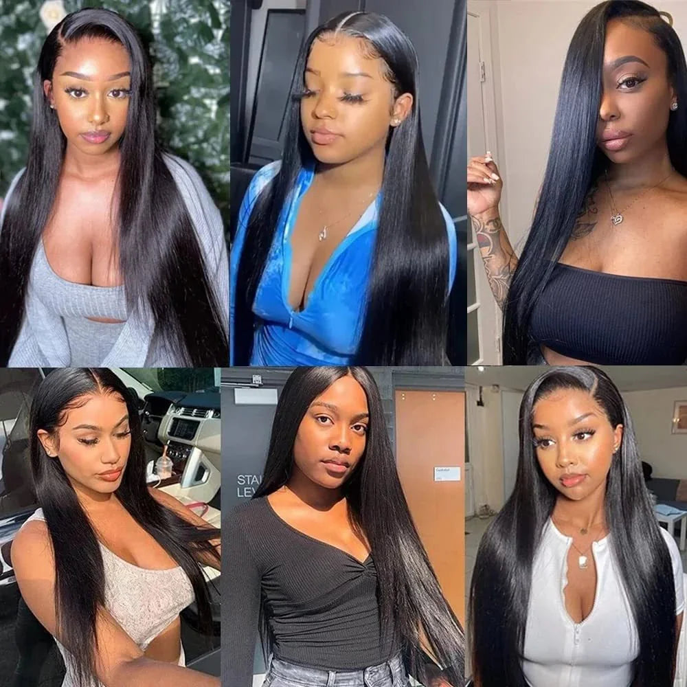 Women wearing long straight black hair, styled middle and side part, paired with fitted streetwear tops.