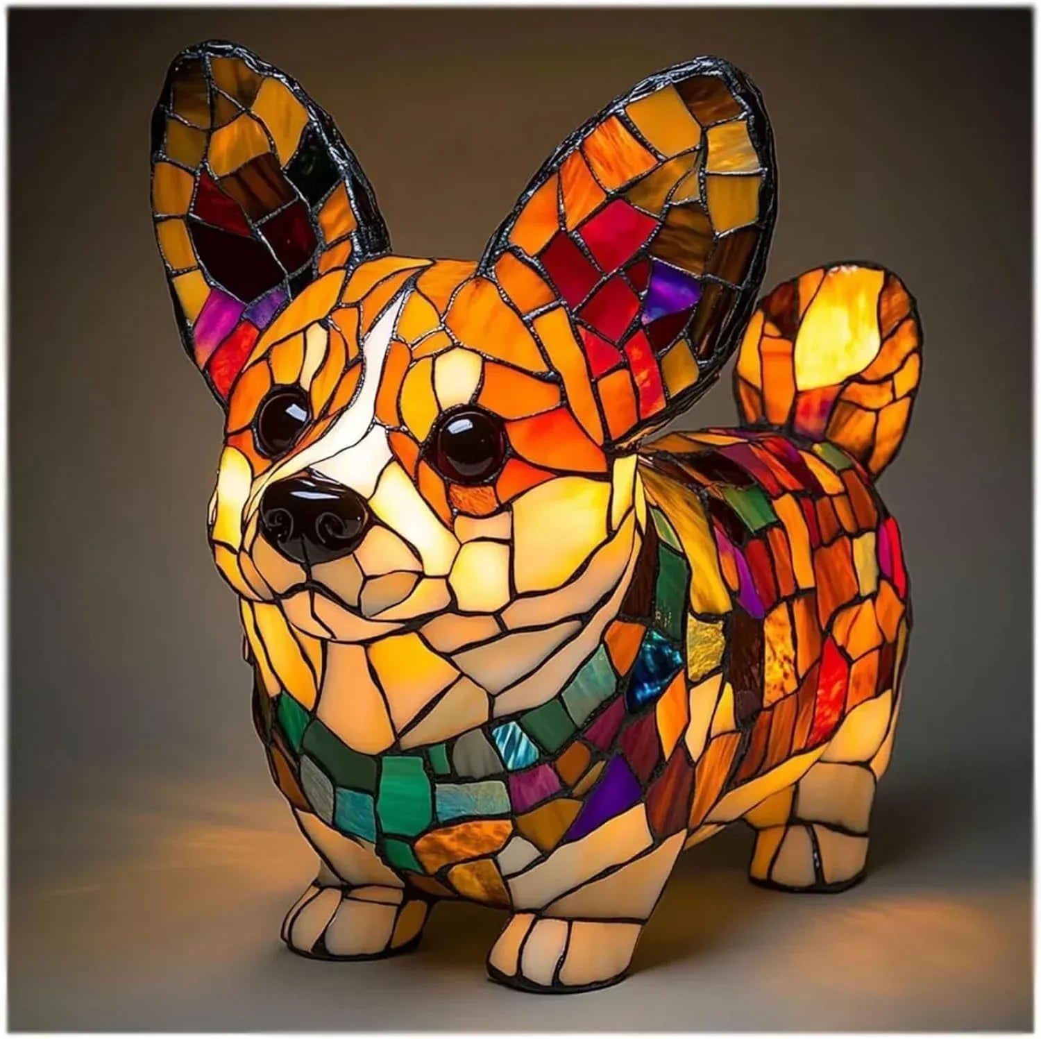 Colorful stained glass corgi dog lamp with vibrant mosaic pattern, warm glow lighting
