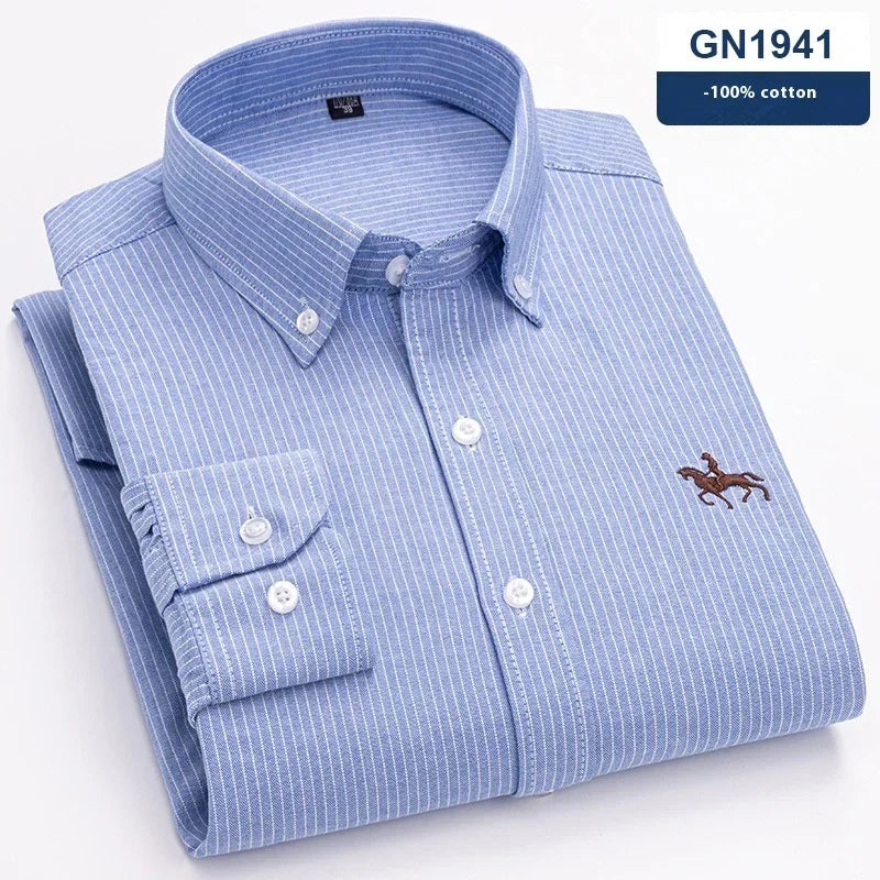 Men's blue striped button-down shirt, 100% cotton, classic fit, embroidered chest detail.
