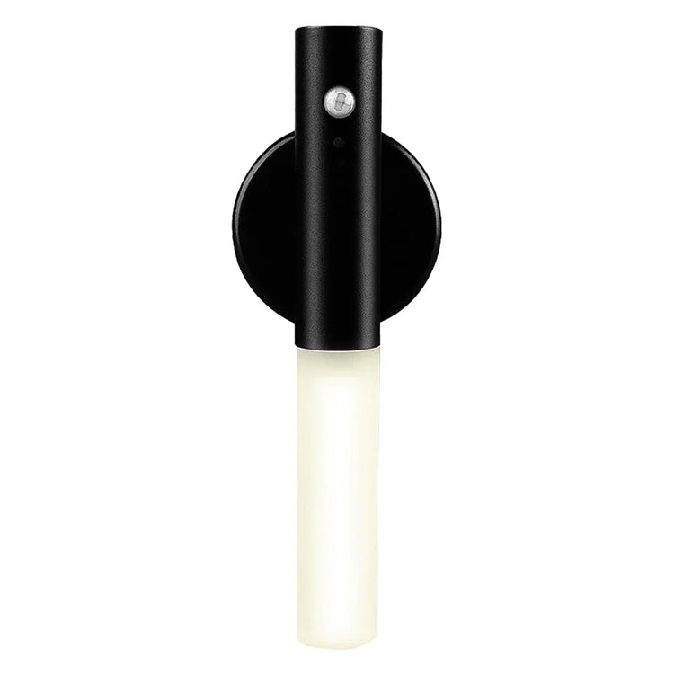 Modern black wall sconce with cylindrical LED light and matte finish.