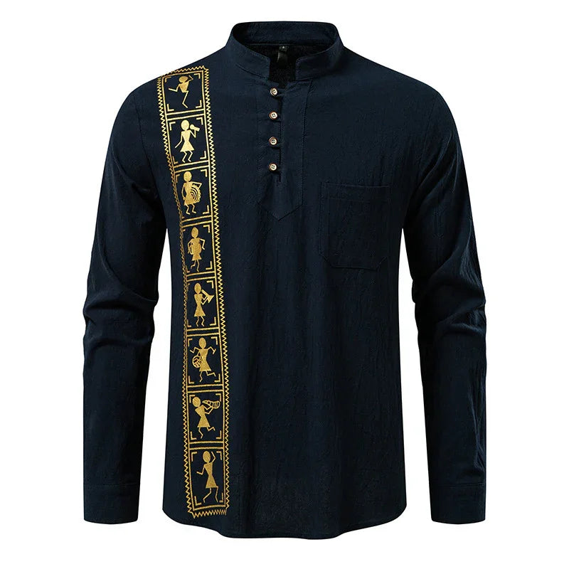 Black long sleeve shirt with gold tribal print, stand collar, button-up, slim fit cotton fabric