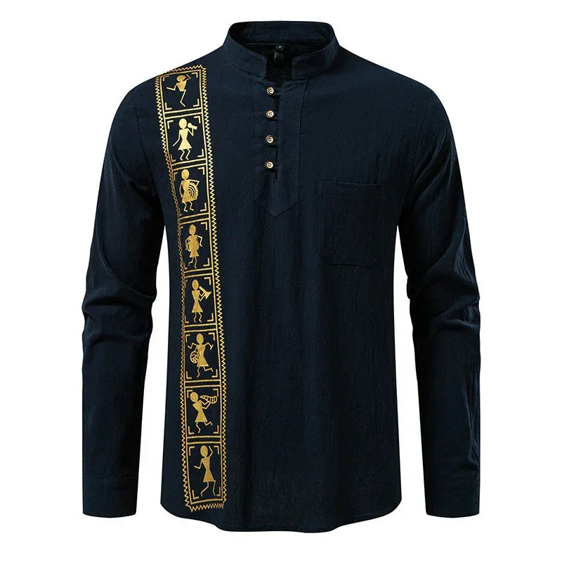 Black long sleeve shirt with gold tribal print, stand collar, button-up, slim fit cotton fabric