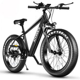 Black electric bike with thick 26x4.0 fat tires, sturdy frame, and ergonomic seat