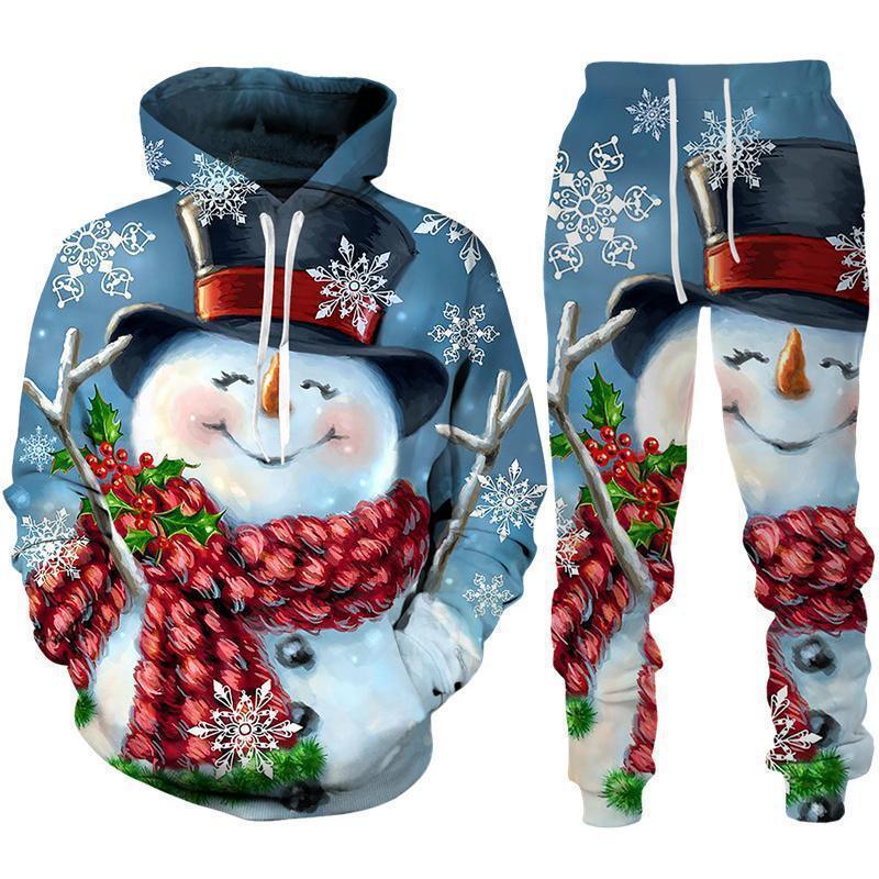 Festive snowman hoodie and jogger set with red scarf, blue background, snowflakes print