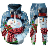 Festive snowman hoodie and jogger set with red scarf, blue background, snowflakes print