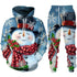 Festive snowman hoodie and jogger set with red scarf, blue background, snowflakes print