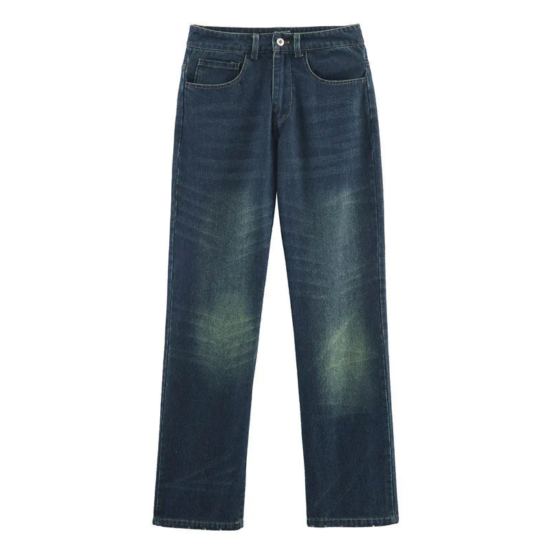 Straight-leg blue denim jeans with faded wash and classic five-pocket style