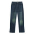 Straight-leg blue denim jeans with faded wash and classic five-pocket style