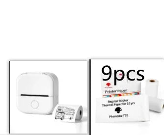 Compact white portable thermal printer with rolls of printer paper, minimalist tech accessory.