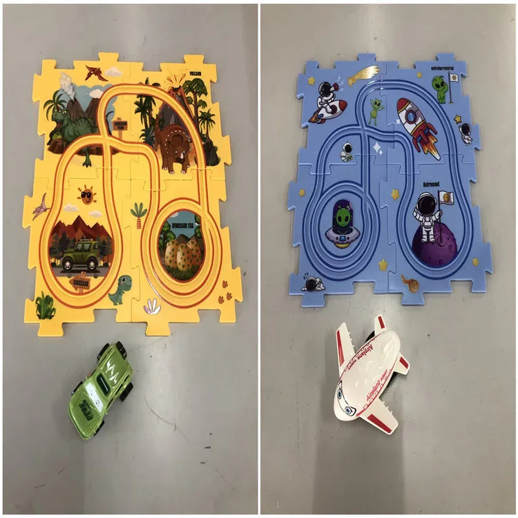 Two colorful puzzle playmats, one with a dinosaur jungle theme and toy car, one with a space theme and toy airplane, both featuring smooth tracks and illustrated backgrounds.