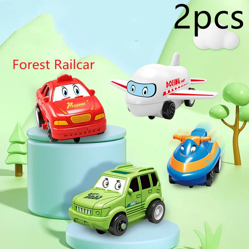 Set of four colorful cartoon toy vehicles, including a red car, green SUV, white airplane, and blue train, displayed on pastel platforms with a forest background.