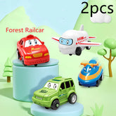 Set of four colorful cartoon toy vehicles, including a red car, green SUV, white airplane, and blue train, displayed on pastel platforms with a forest background.