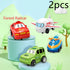 Set of four colorful cartoon toy vehicles, including a red car, green SUV, white airplane, and blue train, displayed on pastel platforms with a forest background.