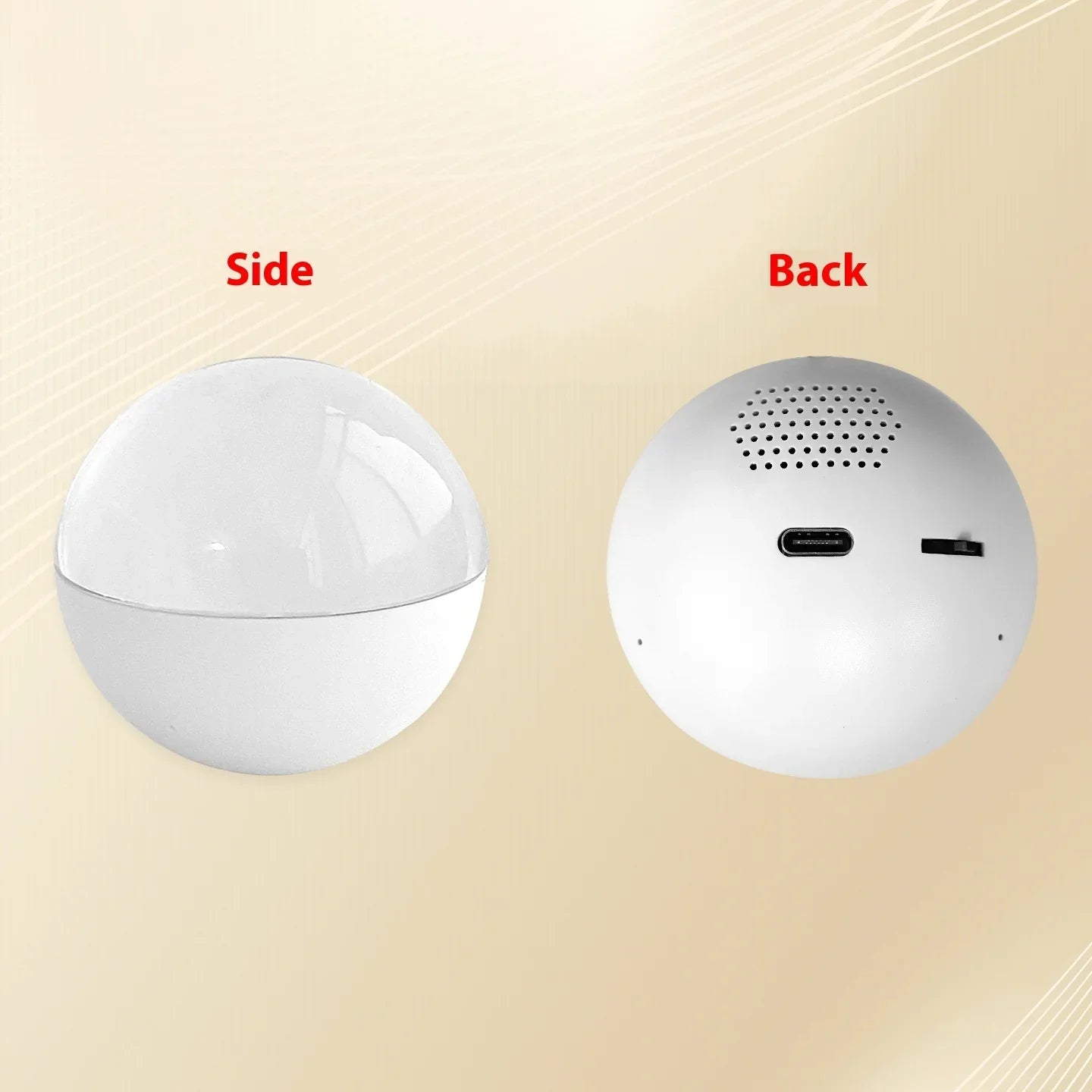 White spherical tech device shown from side and back with speaker, USB port, and switch.