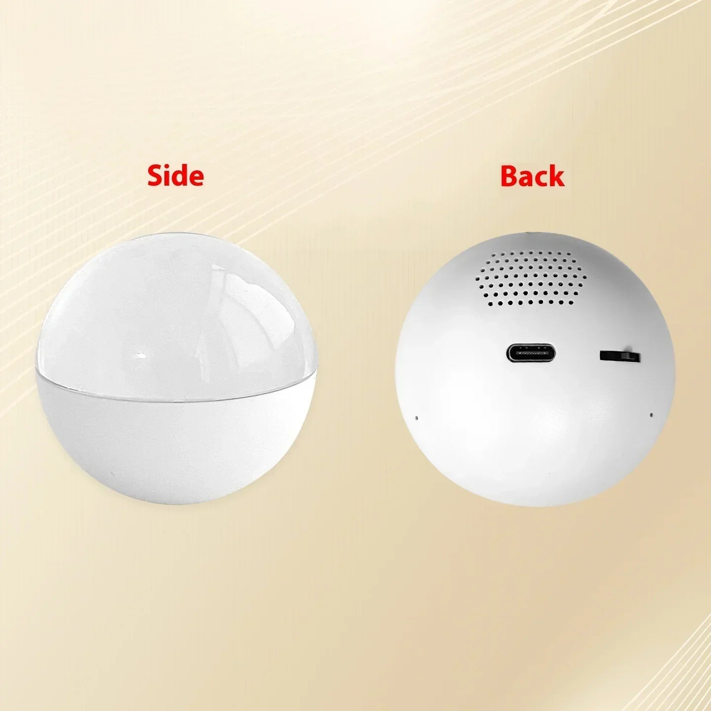 White spherical tech device shown from side and back with speaker, USB port, and switch.
