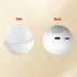 White spherical tech device shown from side and back with speaker, USB port, and switch.
