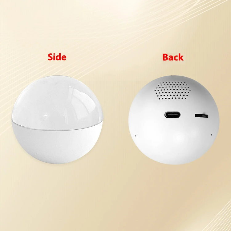 White spherical tech device shown from side and back with speaker, USB port, and switch.