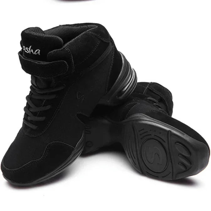 Black high-top sneakers with suede material, lace-up front, padded ankle, modern streetwear style.