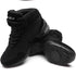 Black high-top sneakers with suede material, lace-up front, padded ankle, modern streetwear style.