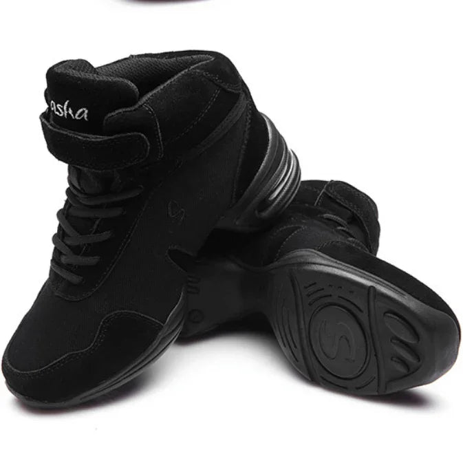 Black high-top sneakers with suede material, lace-up front, padded ankle, modern streetwear style.