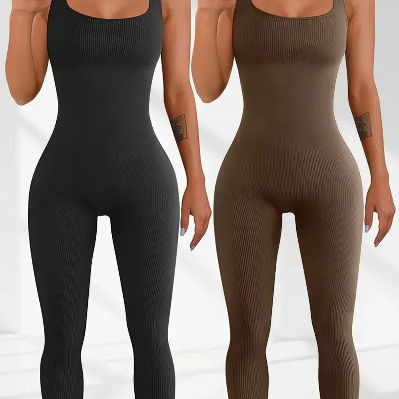 Two women wearing ribbed, sleeveless, fitted jumpsuits in black and brown, seamless design.