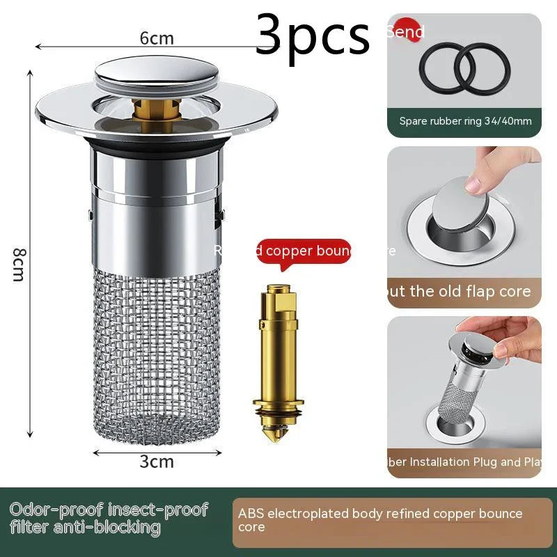 Stainless steel sink strainer with mesh filter, silver and gold, anti-blocking design, 3-piece set.