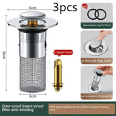 Stainless steel sink strainer with mesh filter, silver and gold, anti-blocking design, 3-piece set.