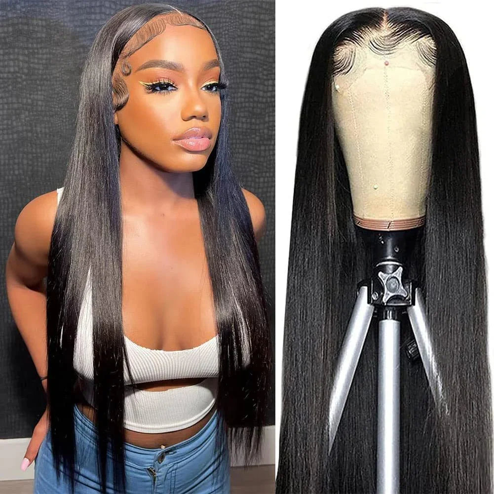 Long straight black lace front wig with natural hairline, styled on mannequin and model.