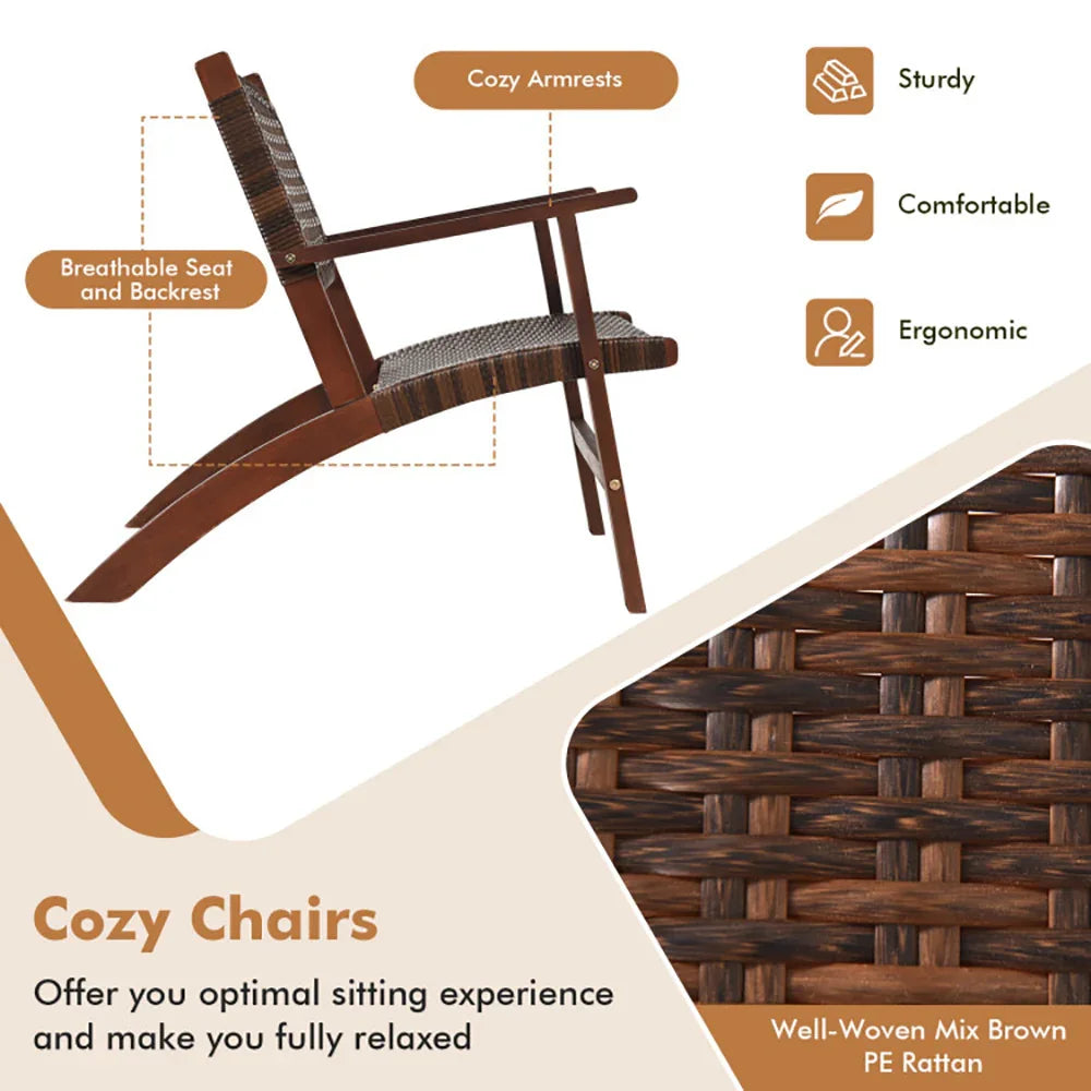 Brown rattan woven lounge chair with ergonomic wooden frame, cozy armrests, and breathable seat.