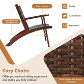Brown rattan woven lounge chair with ergonomic wooden frame, cozy armrests, and breathable seat.