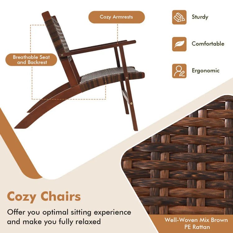 Brown rattan woven lounge chair with ergonomic wooden frame, cozy armrests, and breathable seat.