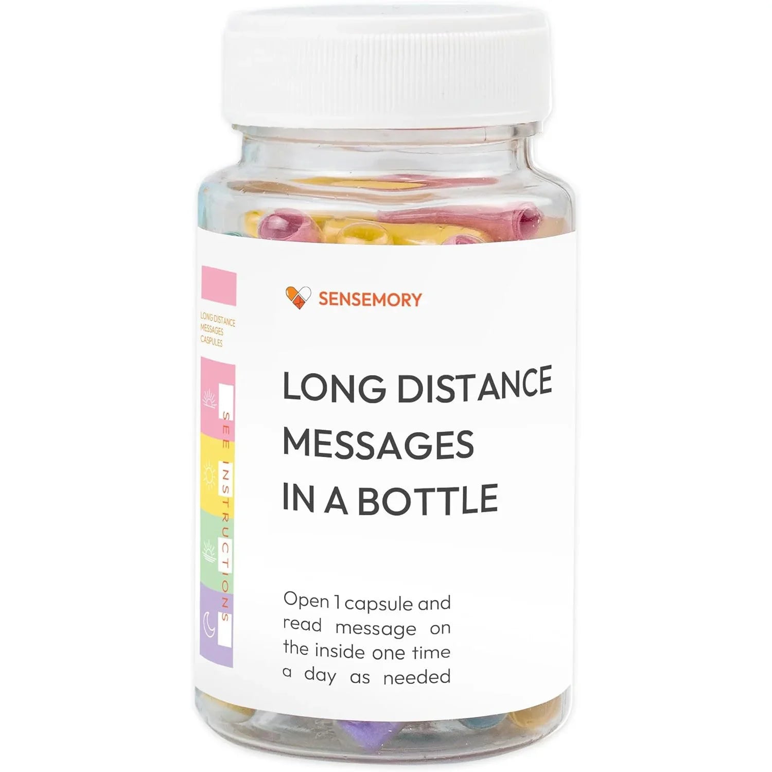 Clear plastic jar with white lid, colorful capsules inside, labeled &