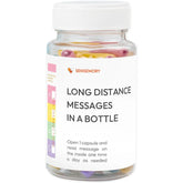 Clear plastic jar with white lid, colorful capsules inside, labeled &