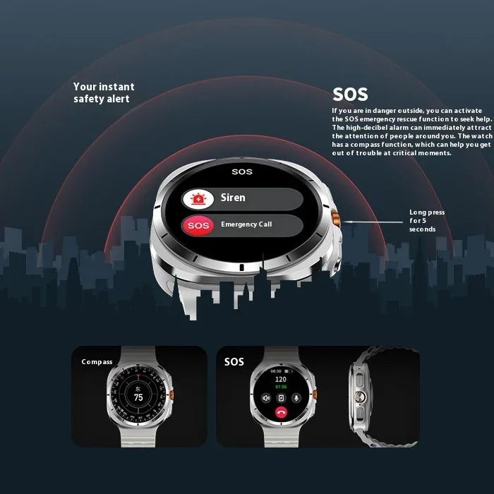 Futuristic silver smartwatch displaying SOS emergency, siren, and compass features on screen.