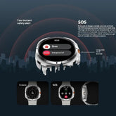 Futuristic silver smartwatch displaying SOS emergency, siren, and compass features on screen.