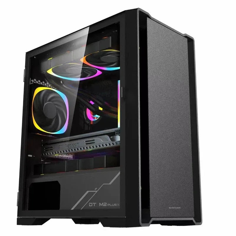 Sleek black desktop PC case with tempered glass side panel and vibrant RGB lighting.
