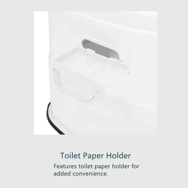 White plastic toilet paper holder attached to a sleek bathroom fixture