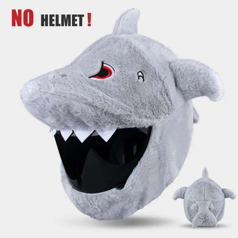 Plush grey shark helmet cover with embroidered face, faux fur texture, novelty streetwear accessory.