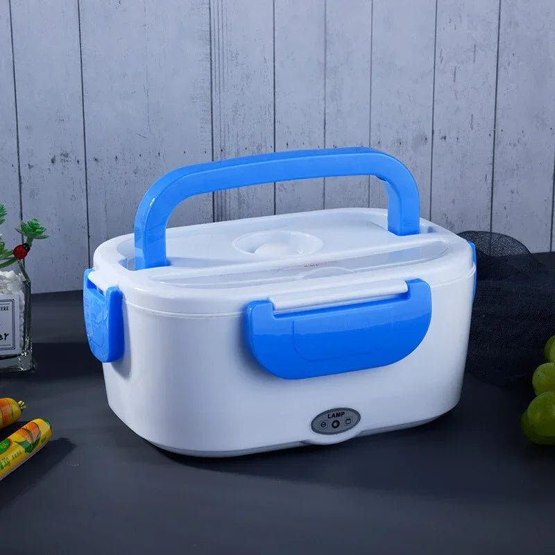 White and blue portable electric lunch box with handle, plastic material, modern design