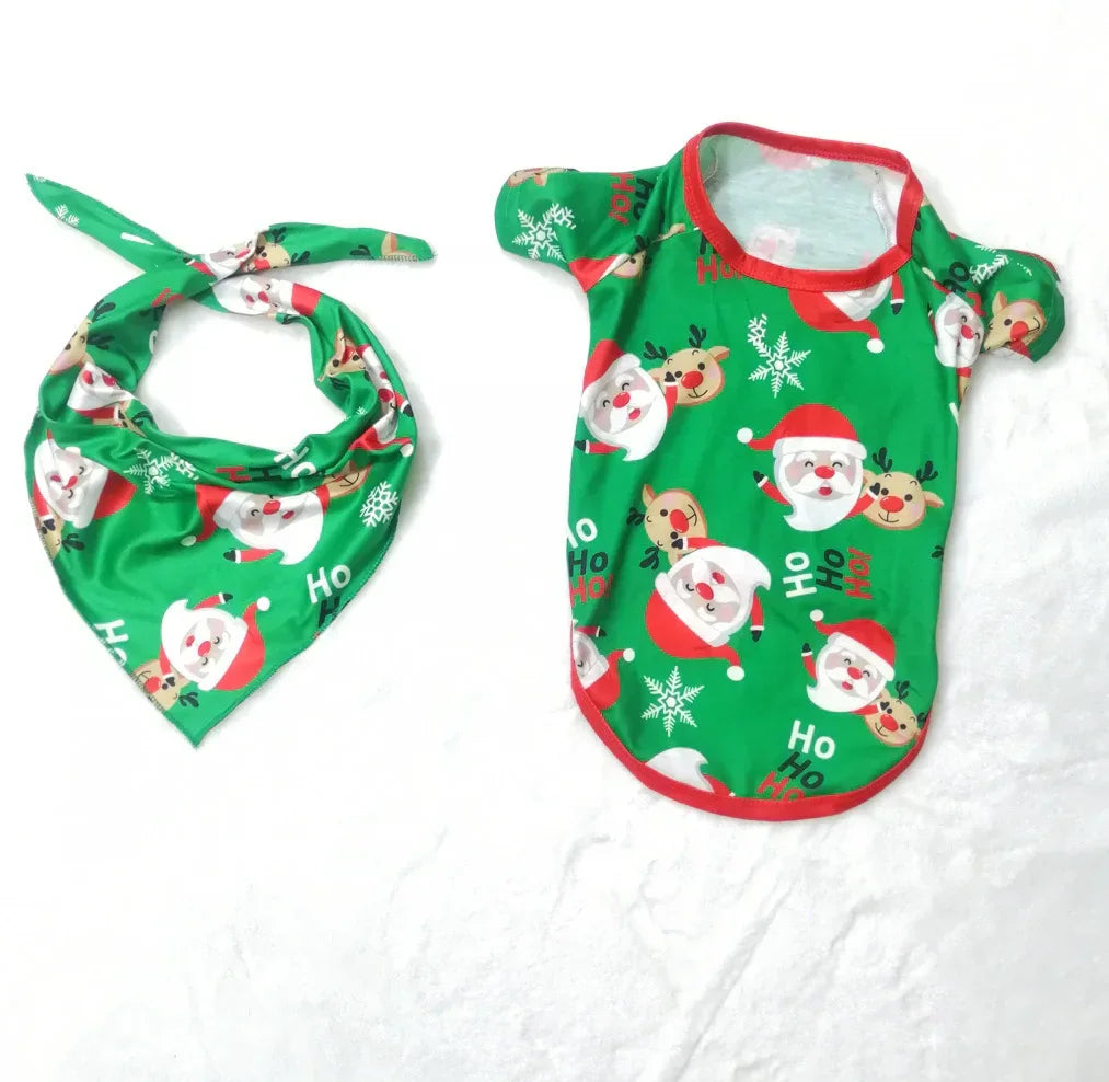 Green Christmas-themed pet outfit and bandana set with Santa and reindeer prints, soft fabric
