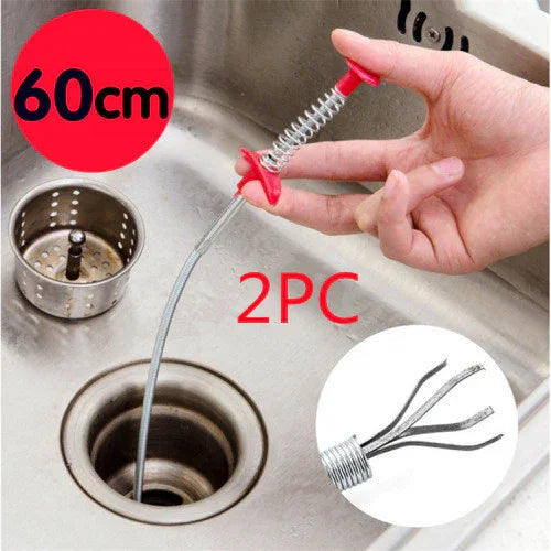 Flexible drain clog remover tool with spring grabber used in stainless steel kitchen sink