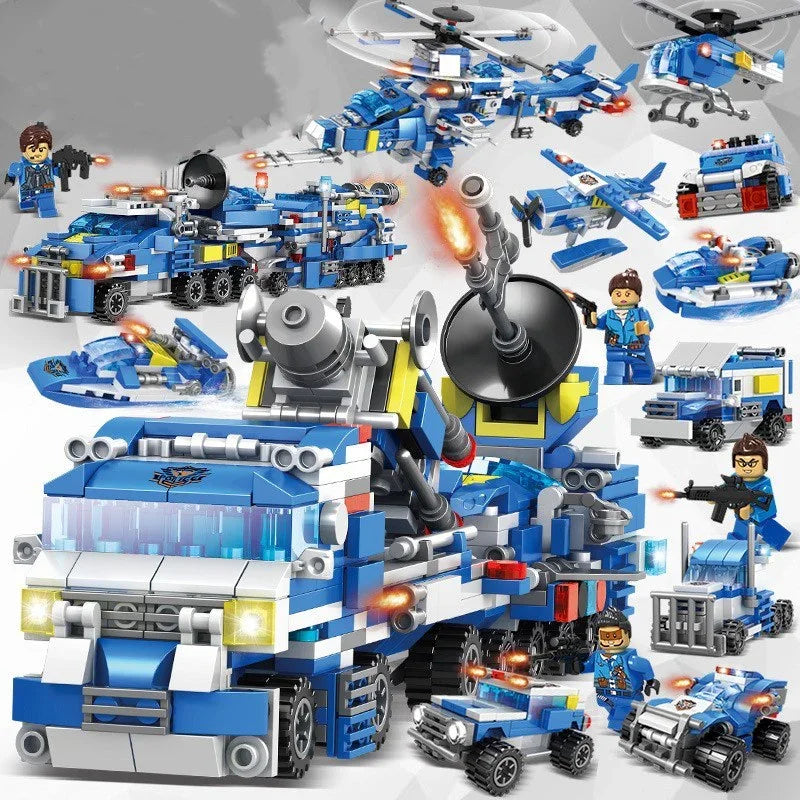 Blue and white plastic building block police vehicles, helicopters, and action figures set