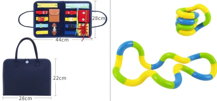 Colorful sensory fidget toy and blue activity board with buckles, zippers, and buttons shown open and closed, suitable for travel.