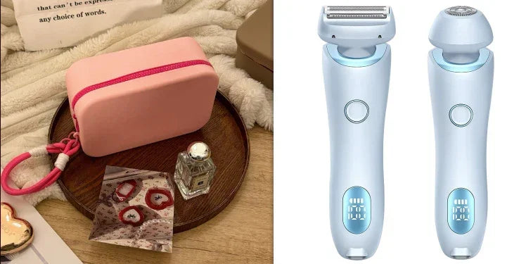 Pastel pink travel case with wrist strap and dual-head electric shaver in white