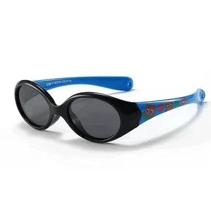 Oval black sunglasses with blue arms, glossy finish, and playful graphic accents