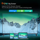 Large smart TV displaying mountain scene, wireless screen mirroring from laptop, tablet, phone