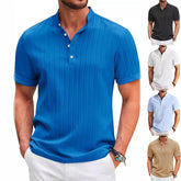 Men’s short sleeve ribbed knit henley shirt in blue, black, white, light blue, and beige, slim fit, casual style